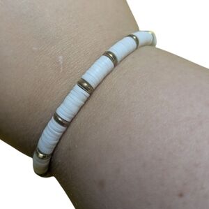 Handmade Bracelet Clay Beads O/S Stretchy White Gold Hand Crafted NEW